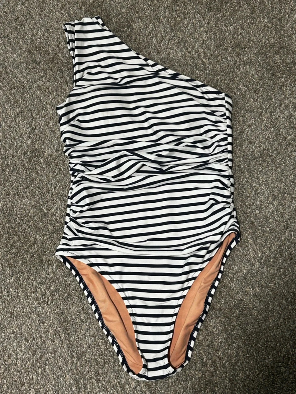 J.Crew Re-Imagined One Shoulder Swimsuit Blue White Stripe Ruched Small